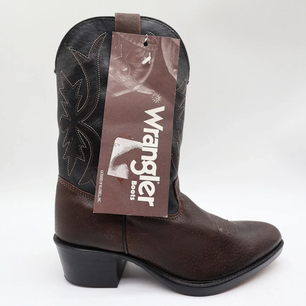 Wrangler Vintage Western Cowboy Boots Childrens 1.5 Brown Black Leather NWT
